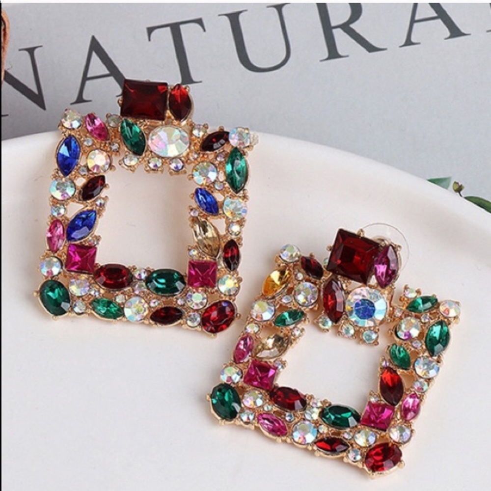 Multi-color Rhinestone Square drop Earrings - Picture 2 of 4